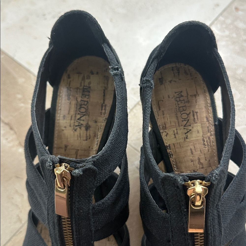 Merona Women’s Wedge Black Sandals With Jute Heels & Zip Front - Picture 6 of 8